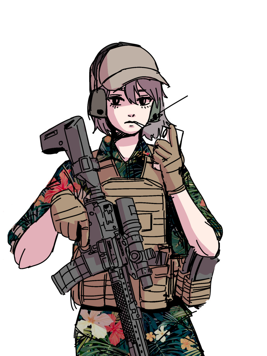 1girl, baseball_cap, brown_gloves, brown_headwear, cellphone, closed_mouth, commission, copyright_request