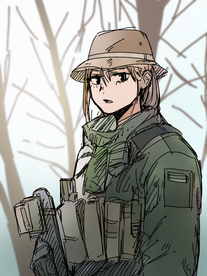 1girl, bangs, bare_tree, brown_hair, brown_headwear, copyright_request, day, gloves
