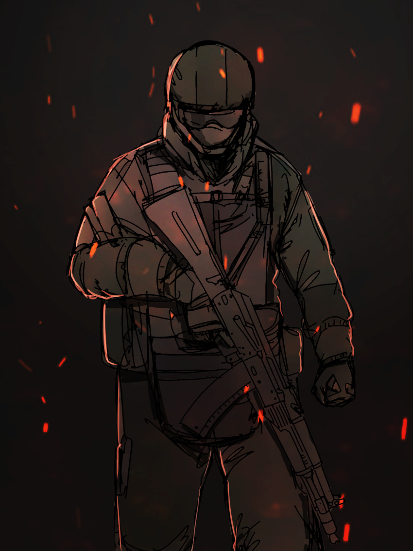 1other, ak-47, assault_rifle, black_gloves, black_headwear, black_jacket, black_pants, commission
