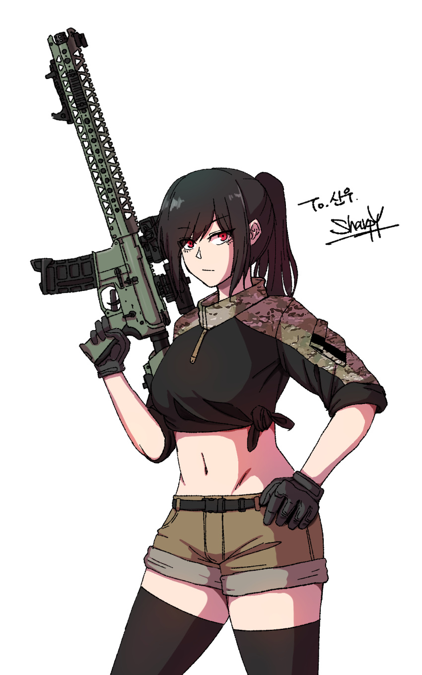 1girl, bangs, black_gloves, black_hair, black_shirt, black_thighhighs, breasts, brown_shorts