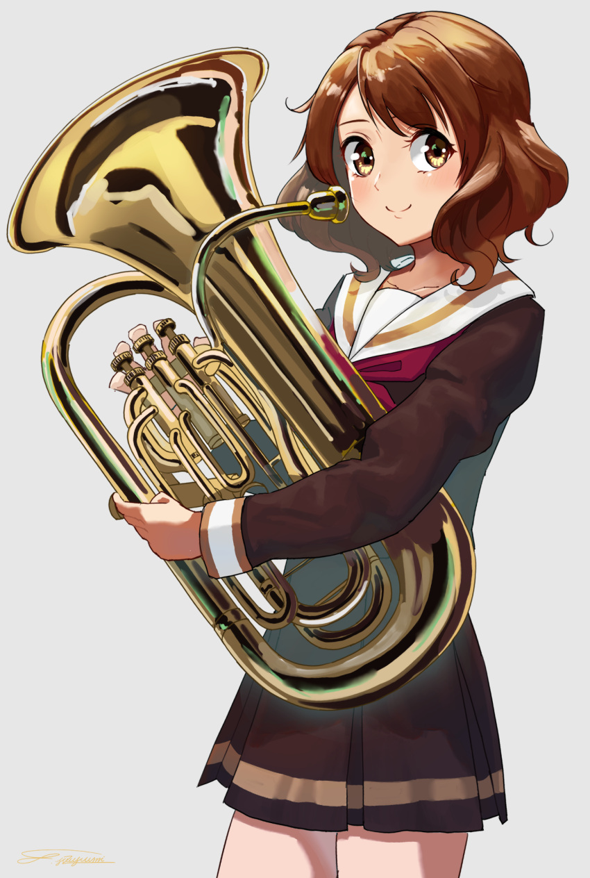 1girl, bangs, blush, brown_eyes, brown_hair, brown_shirt, brown_skirt, closed_mouth
