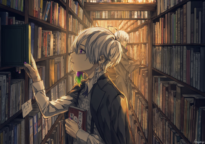 2boys, artist_name, book, bookshelf, character_request, collared_shirt, commentary_request, copyright_request