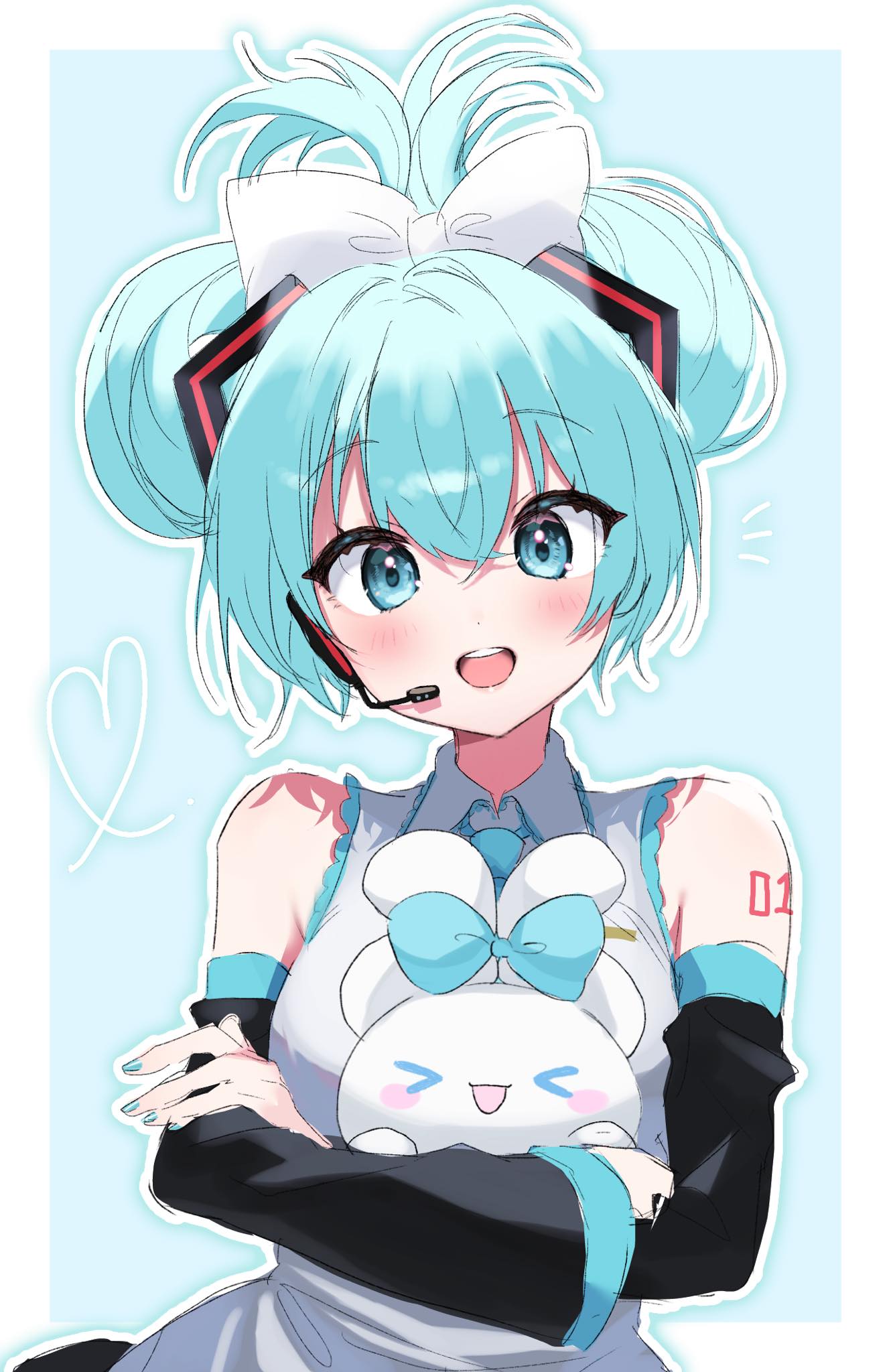 aqua_hair, aqua_nails, aqua_necktie, bangs, black_sleeves, borrowed_hairstyle, cinnamiku, cinnamon_roll