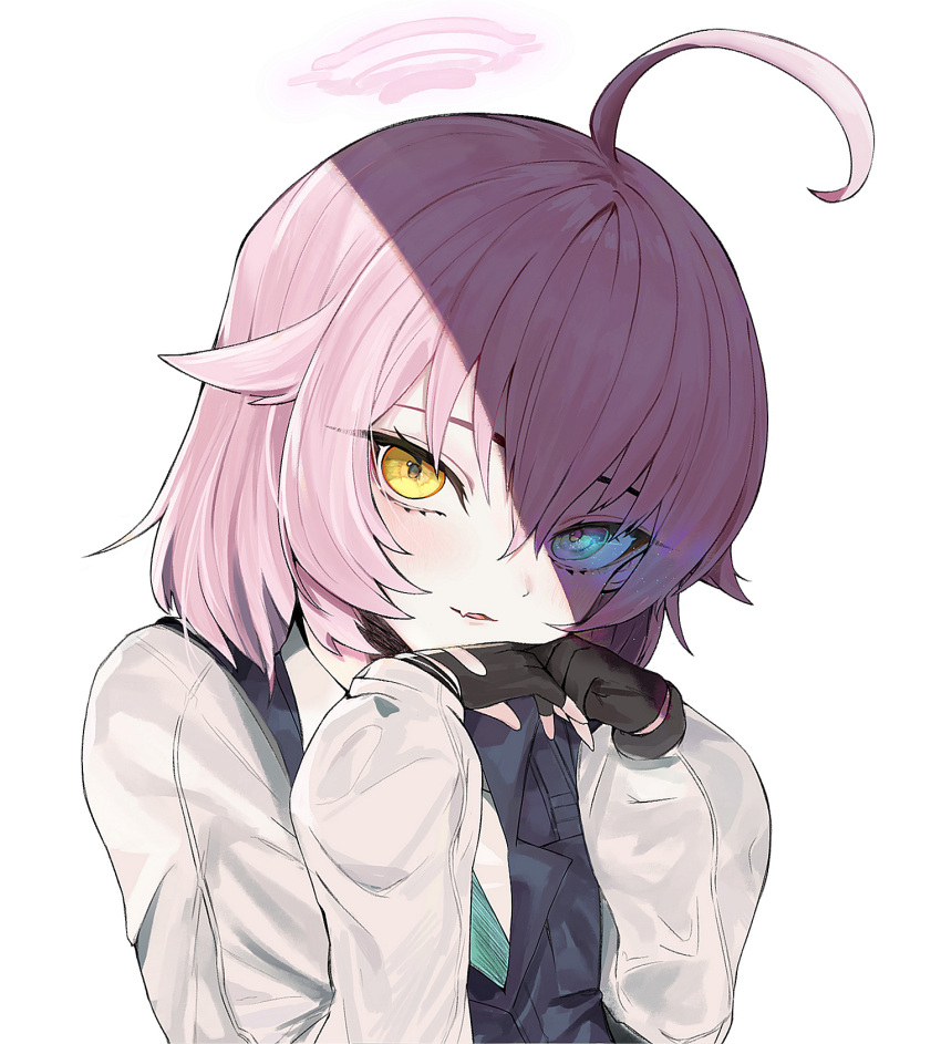 1girl, ahoge, aqua_eyes, aqua_necktie, bangs, black_gloves, blue_archive, blush