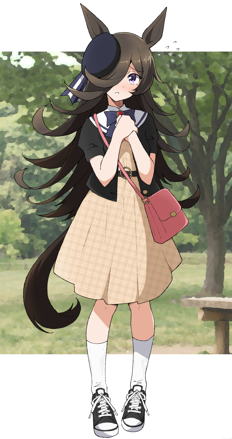 1girl, alternate_costume, animal_ears, bag, bangs, bench, black_footwear, black_jacket