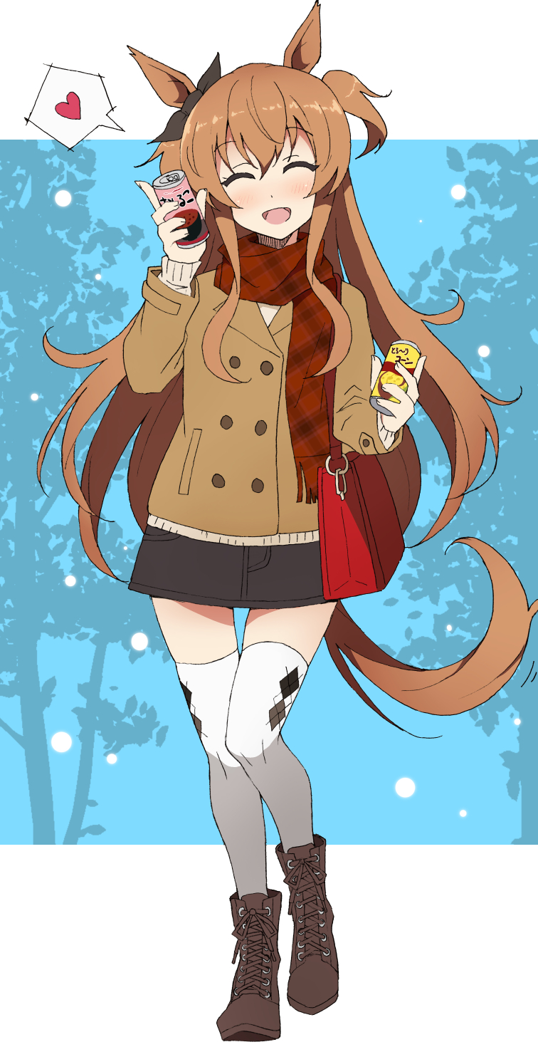 1girl, ^_^, alternate_costume, animal_ears, bag, bangs, black_skirt, blush