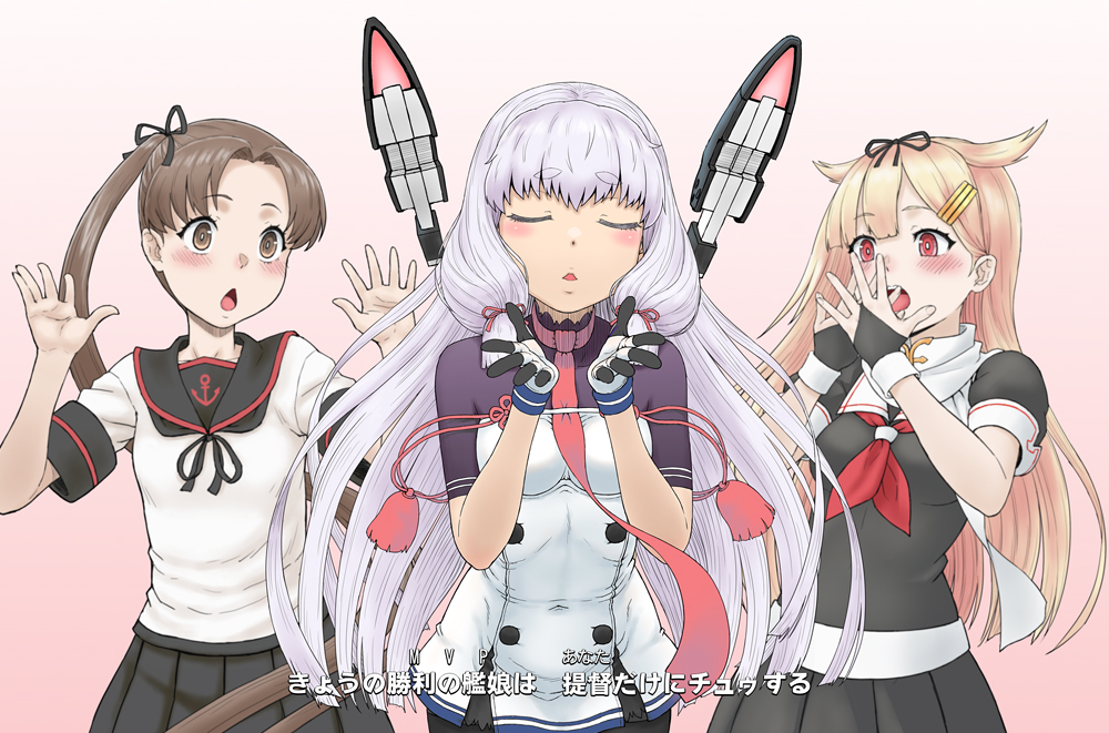 3girls, ayanami_(kancolle), ayanami_kai_ni_(kancolle), black_ribbon, black_sailor_collar, black_serafuku, black_skirt, blonde_hair