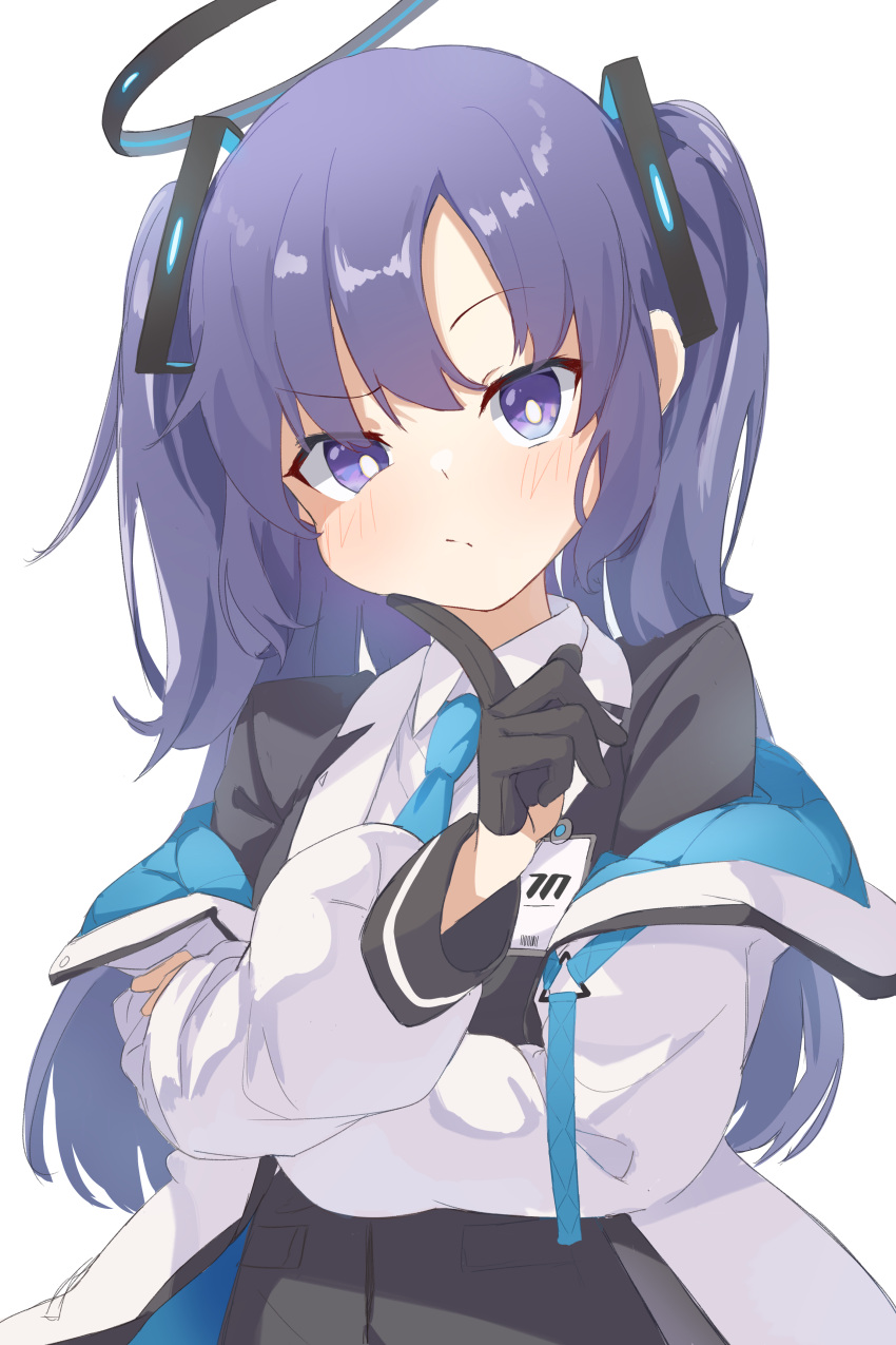 1girl, :/, absurdres, aqua_coat, aqua_necktie, asymmetrical_bangs, bangs, black_gloves