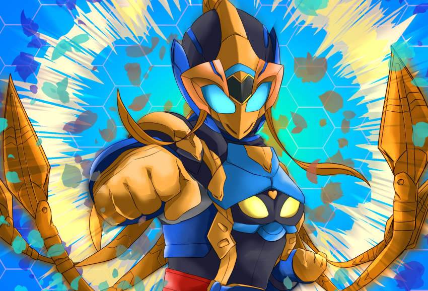 1girl, blue_background, blue_eyes, breasts, clenched_hands, cobra_(animal), cobra_genome, commentary_request