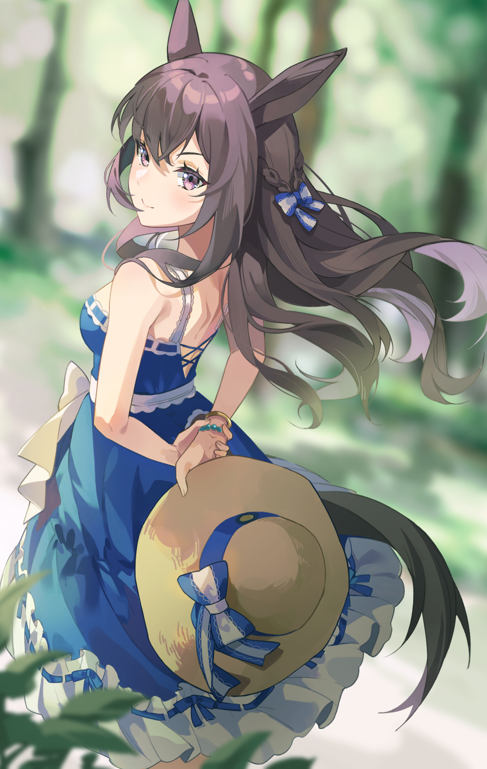 1girl, animal_ears, arms_behind_back, blue_dress, bracelet, braid, brown_hair, dress, from_behind, hat, highres, holding, holding_clothes, holding_hat, horse_ears, horse_girl, horse_tail, hoshiko_(419401x), jewelry, long_hair, looking_to_the_side, mejiro_dober_(umamusume), mejiro_dober_(vacation_safir)_(umamusume), official_alternate_costume, seek_solve_summer_walk!_(umamusume), sleeveless, sleeveless_dress, solo, straw_hat, tail, umamusume, violet_eyes