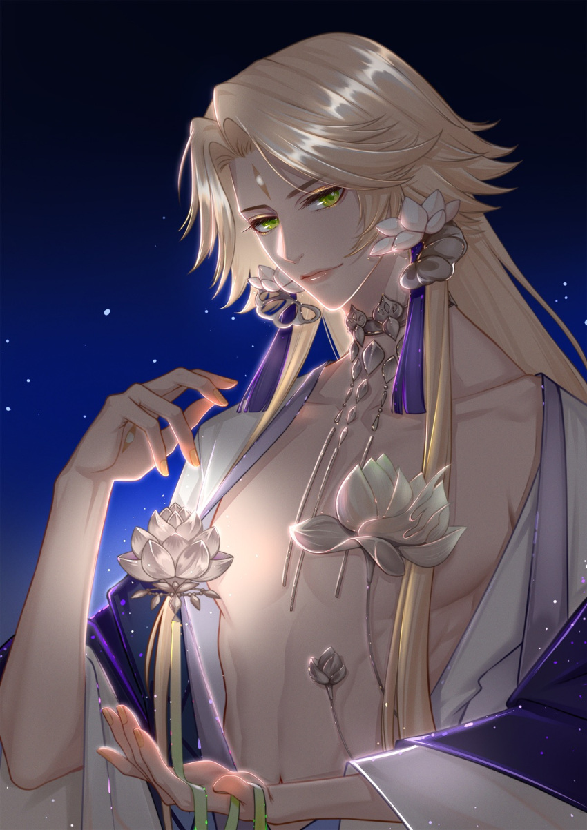 1boy, bishounen, earrings, flower, glowing, goudanzigoudanzi, green_eyes, highres