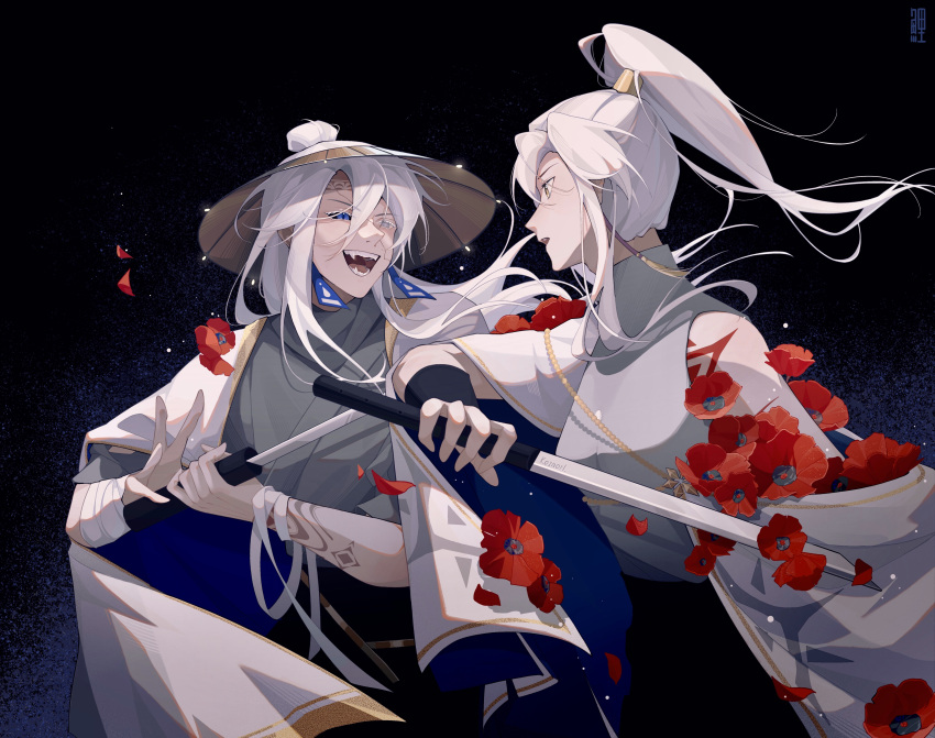 1boy, 1girl, absurdres, bandages, bishounen, character_request, earrings, flower, grin, high_ponytail, highres, jewelry, kujokoii, prophet_of_water, red_flower, sky:_children_of_the_light, smile, tassel, tassel_earrings