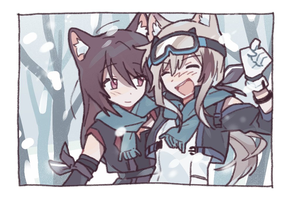 2girls, adan_imas, animal_ear_fluff, animal_ears, arknights, blush, brown_hair, cardigan_(arknights)
