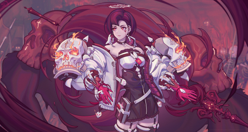 5others, absurdres, andretown, armor, army, belt, blue_eyes, body_markings, book, brown_choker, brown_thighhighs, charm_(object), choker, coat, collarbone, colored_skin, cross, dark_halo, facial_mark, film_grain, fire, flag, flame, floating, floating_object, floating_weapon, frills, garter_straps, gem, glowing, glowing_eyes, grey_coat, halo, hemokinesis, highres, holding, holding_flag, multicolored_clothes, multicolored_coat, multicolored_eyes, multiple_others, open_clothes, open_coat, original, padded_coat, parted_lips, pauldrons, pink_lips, polearm, red_coat, red_eyes, red_gemstone, red_skin, redhead, short_hair, shoulder_armor, signature, skeleton, skull, sleeves_rolled_up, spear, spike, spiked_choker, spikes, standing, thigh-highs, thorns, two-tone_coat, violet_eyes, weapon, yellow_eyes, zipper