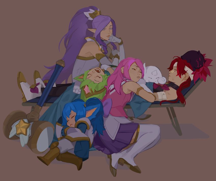 5girls, bare_shoulders, black_pantyhose, blue_hair, boots, brown_background, elbow_gloves, gloves