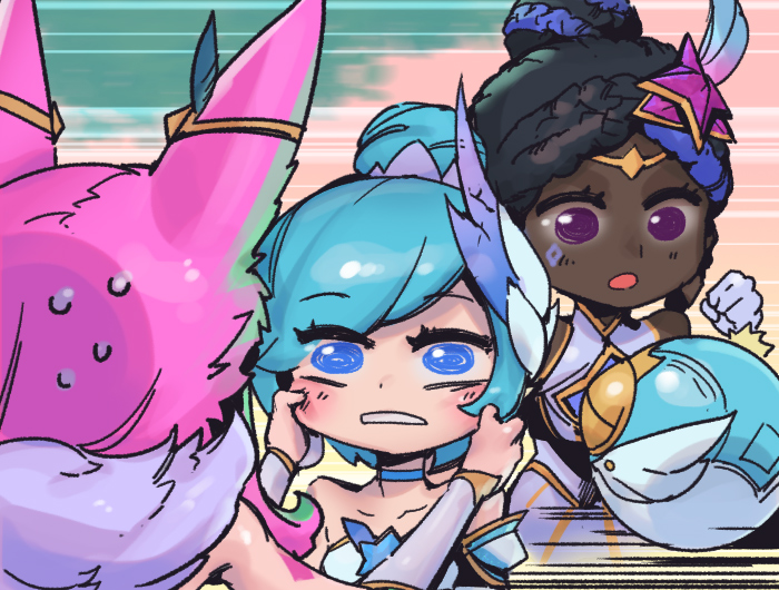 3girls, :o, ahri_(league_of_legends), animal_ears, ball, bangs, bare_shoulders, black_hair