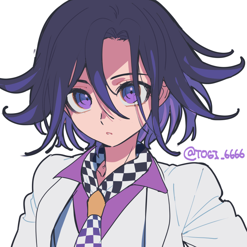 1boy, bangs, black_hair, checkered_clothes, checkered_scarf, collared_shirt, danganronpa_(series), danganronpa_10th_anniversary_costume