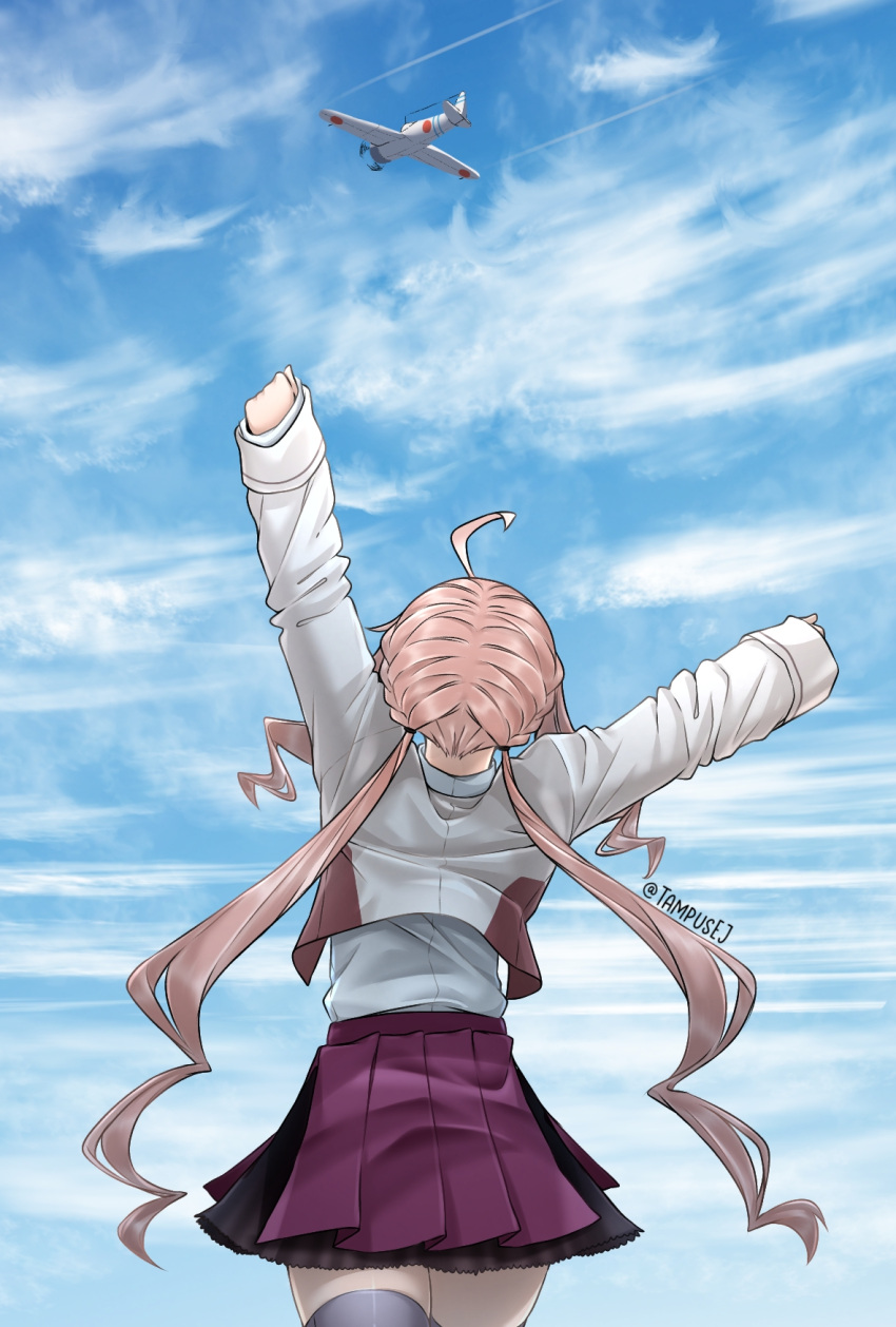 1girl, ahoge, blazer, blue_sky, braid, clouds, cowboy_shot, crown_braid