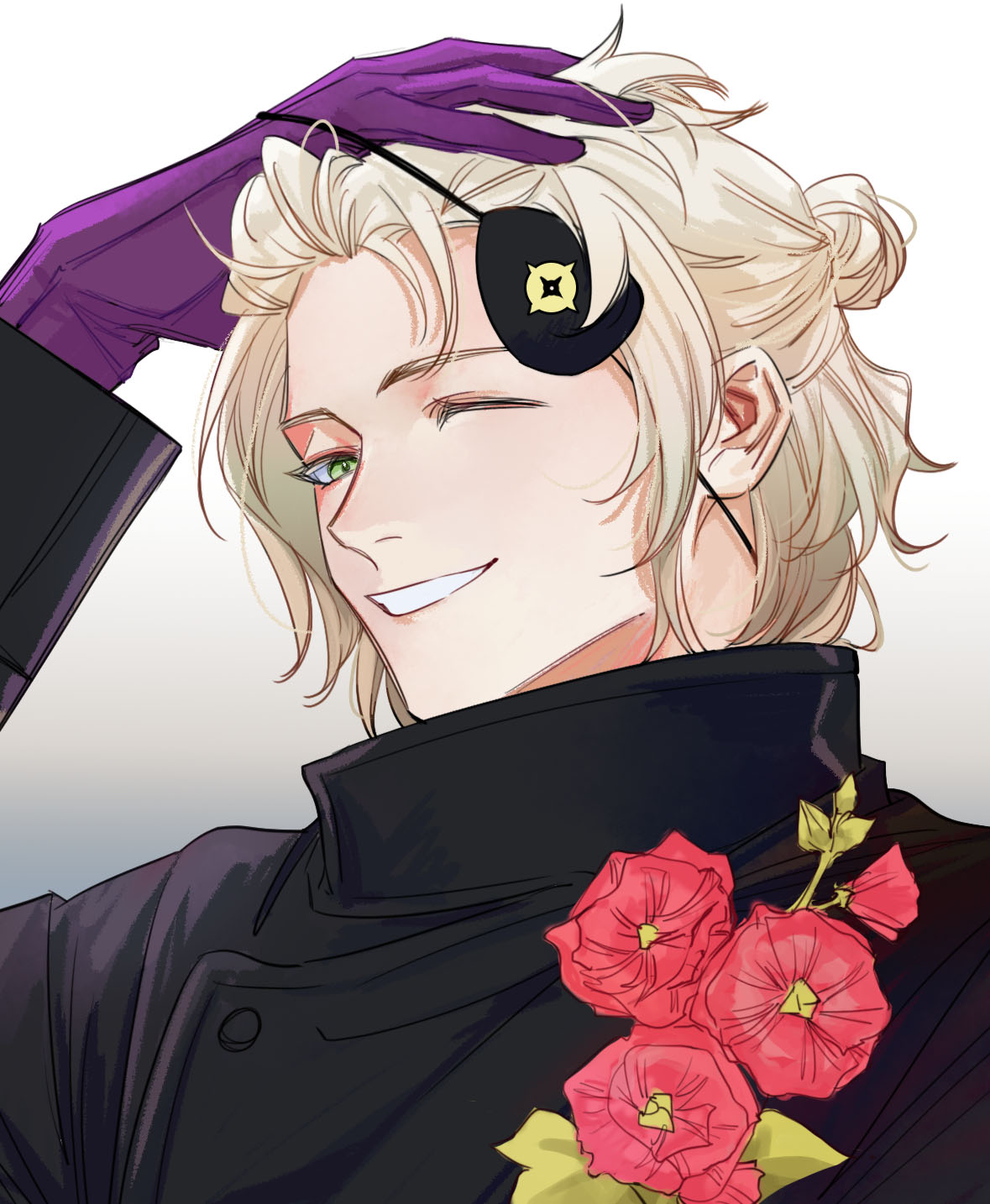 1boy, ai_the_somnium_files, black_coat, blonde_hair, coat, commentary, date_kaname, eyepatch, eyepatch_lift, flower, gloves, gradient, gradient_background, green_eyes, hand_on_own_head, highres, long_sleeves, looking_at_viewer, male_focus, one_eye_closed, purple_gloves, red_flower, remmec2, simple_background, smile, solo, symbol-only_commentary, upper_body