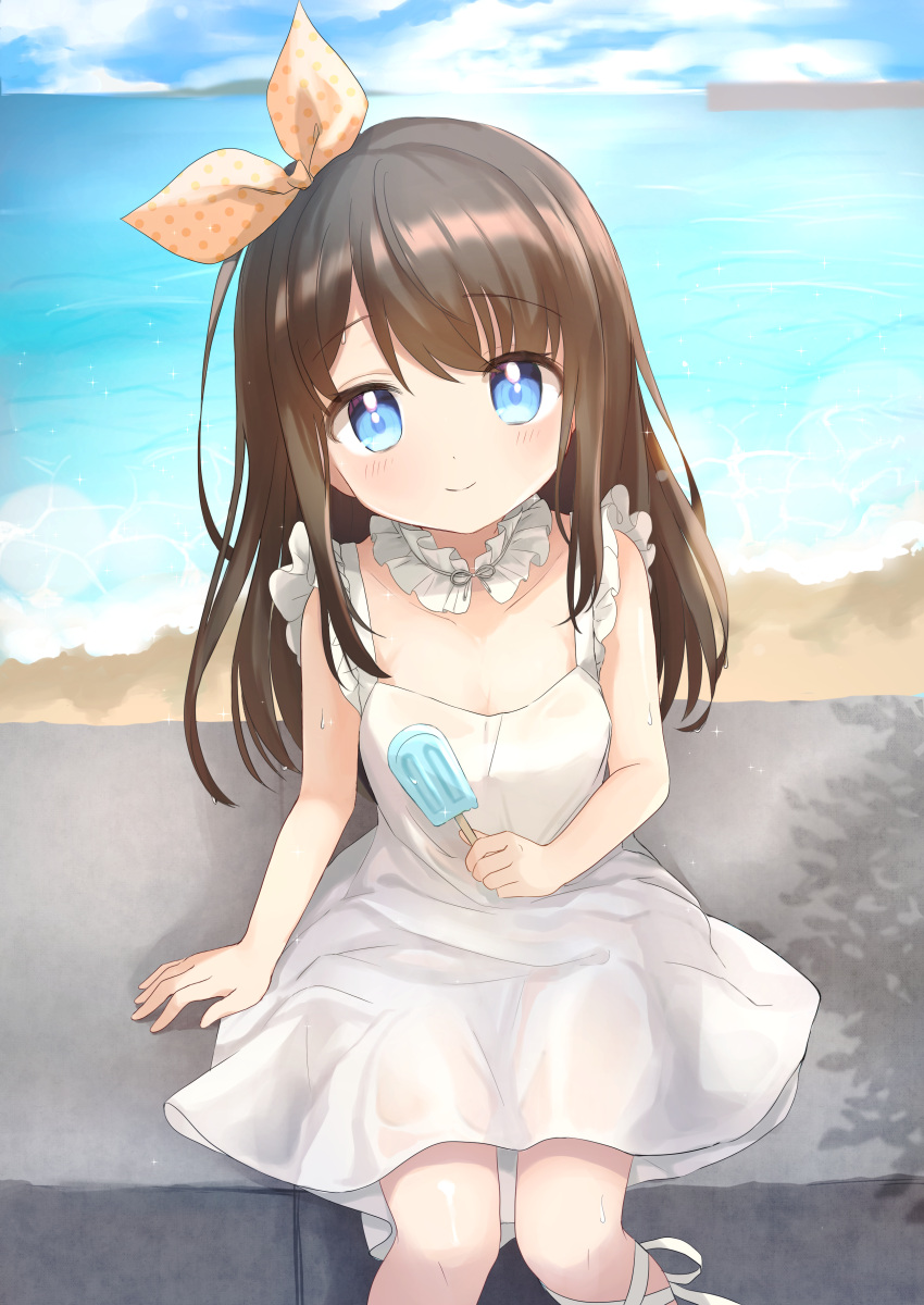 1girl, absurdres, bangs, beach, blue_eyes, blue_sky, blush, brown_hair