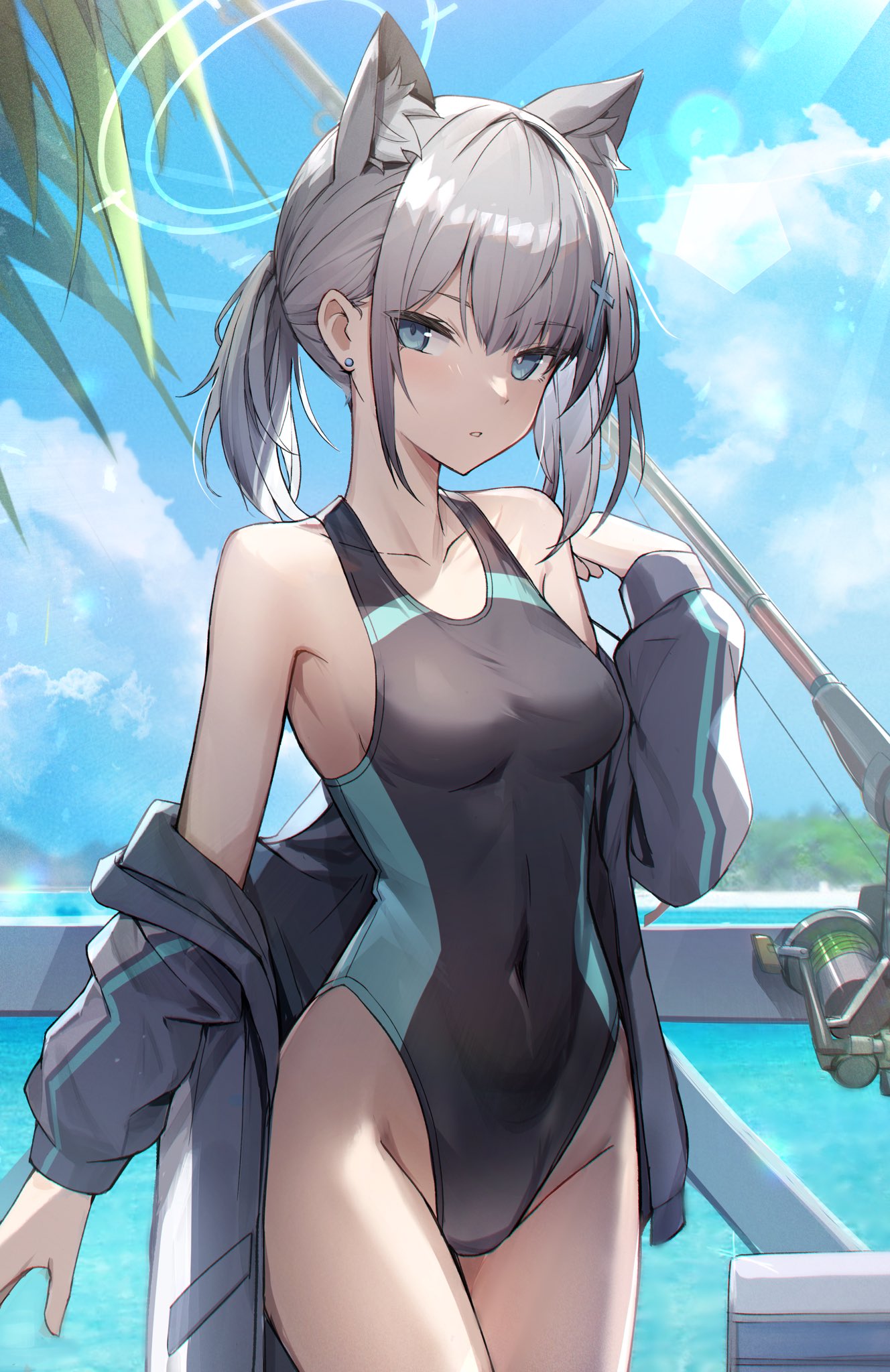 1girl, animal_ears, bangs, beach, blue_archive, blue_eyes, blue_sky, blue_swimsuit