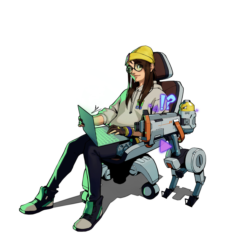 !?, 1girl, 1other, absurdres, bangs, beanie, black-framed_eyewear, black_pants, brown_eyes, brown_gloves, brown_hair, casual, chair, computer, drawstring, english_commentary, flat_chest, full_body, glasses, gloves, grey_hoodie, gun, hair_behind_ear, hat, highres, hood, hood_down, hoodie, kenji_uz, killjoy_(valorant), laptop, lips, medium_hair, nose, office_chair, pants, partially_fingerless_gloves, robot, round_eyewear, shoes, sitting, sleeves_pushed_up, sneakers, solo_focus, swept_bangs, thick_eyebrows, valorant, weapon, white_background, yellow_headwear