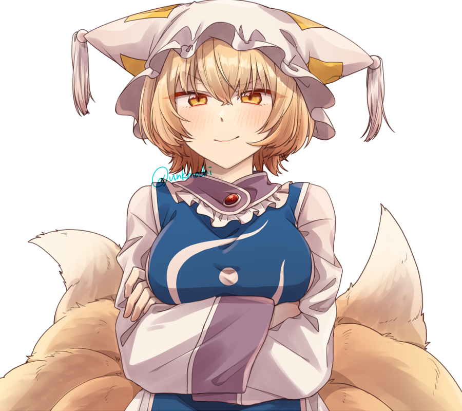 >:), 1girl, blonde_hair, blush, commentary_request, crossed_arms, fox_tail, hat