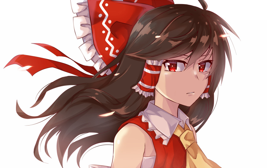 1girl, ahoge, ascot, bandages, bangs, bare_shoulders, bow, brown_hair