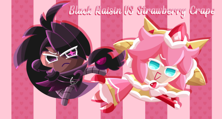black_eye, black_hair, black_raisin_cookie, blue_eyes, cookie_run, cookie_run_kingdom, cyan_eyes, pink_hair, purple_eye, strawberry_crepe, strawberry_crepe_cookie, tagme, teal_eyes