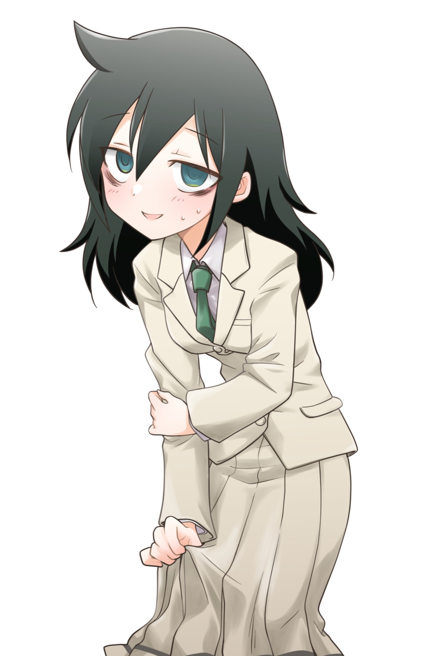 1girl, bangs, black_hair, blazer, brown_jacket, brown_skirt, collared_shirt, commentary