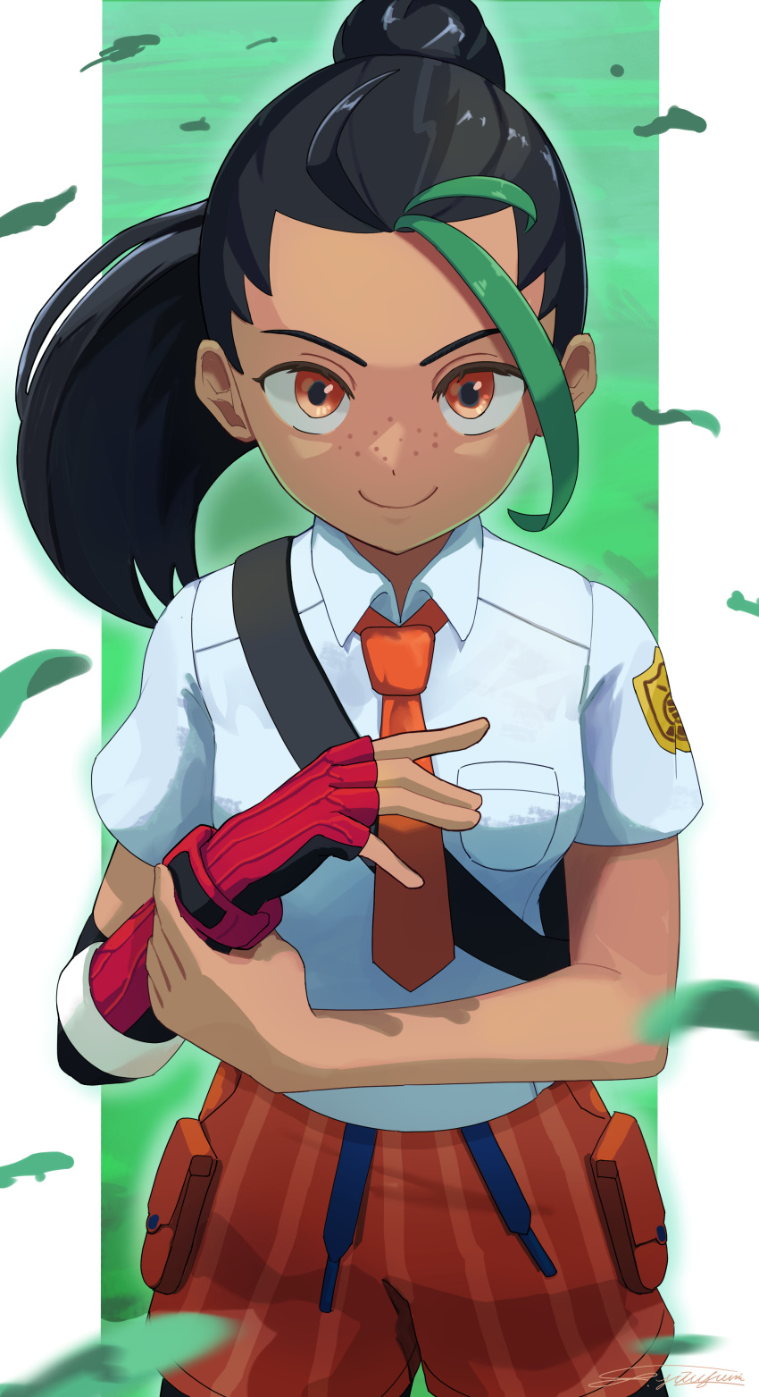 1girl, absurdres, black_gloves, black_hair, breast_pocket, closed_mouth, collared_shirt, cowboy_shot