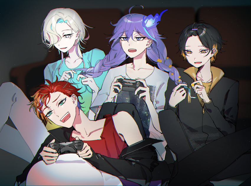 4boys, :d, ahoge, alternate_costume, alternate_hairstyle, aqua_hair, aqua_shirt, bangs_pinned_back