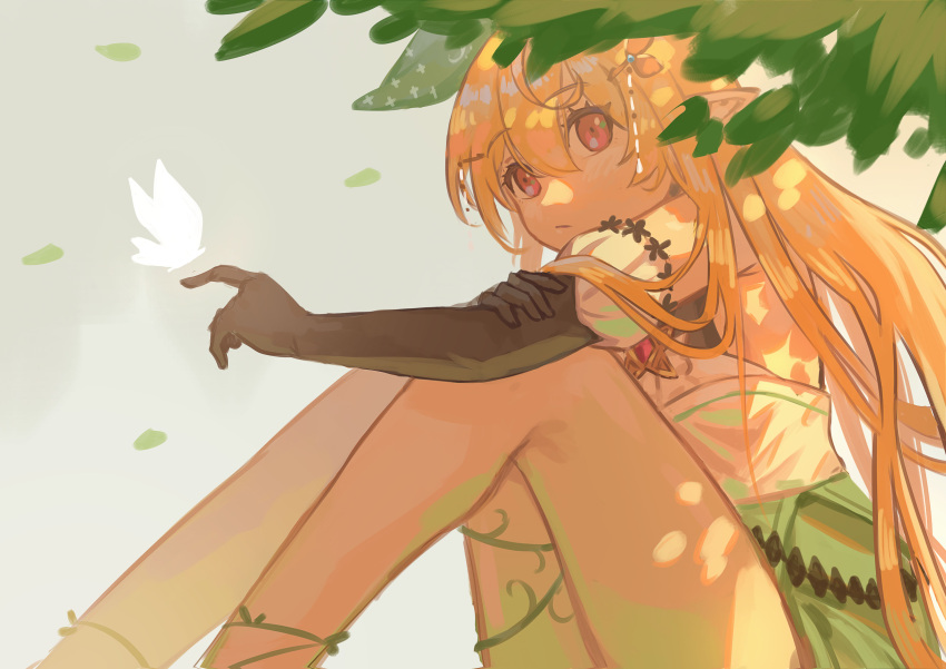 1girl, absurdres, bird, black_gloves, black_halter_top, blonde_hair, brown_eyes, elbow_gloves, fairy, fairy_wings, gloves, green_background, green_skirt, halter_top, halterneck, high-waist_skirt, highres, long_hair, looking_at_another, maplesights, multicolored_eyes, nijisanji, nijisanji_en, pointy_ears, pomu_rainpuff, red_eyes, shirt, shirt_tucked_in, simple_background, skirt, sleeveless, sleeveless_shirt, solo, virtual_youtuber, white_bird, white_shirt, wings
