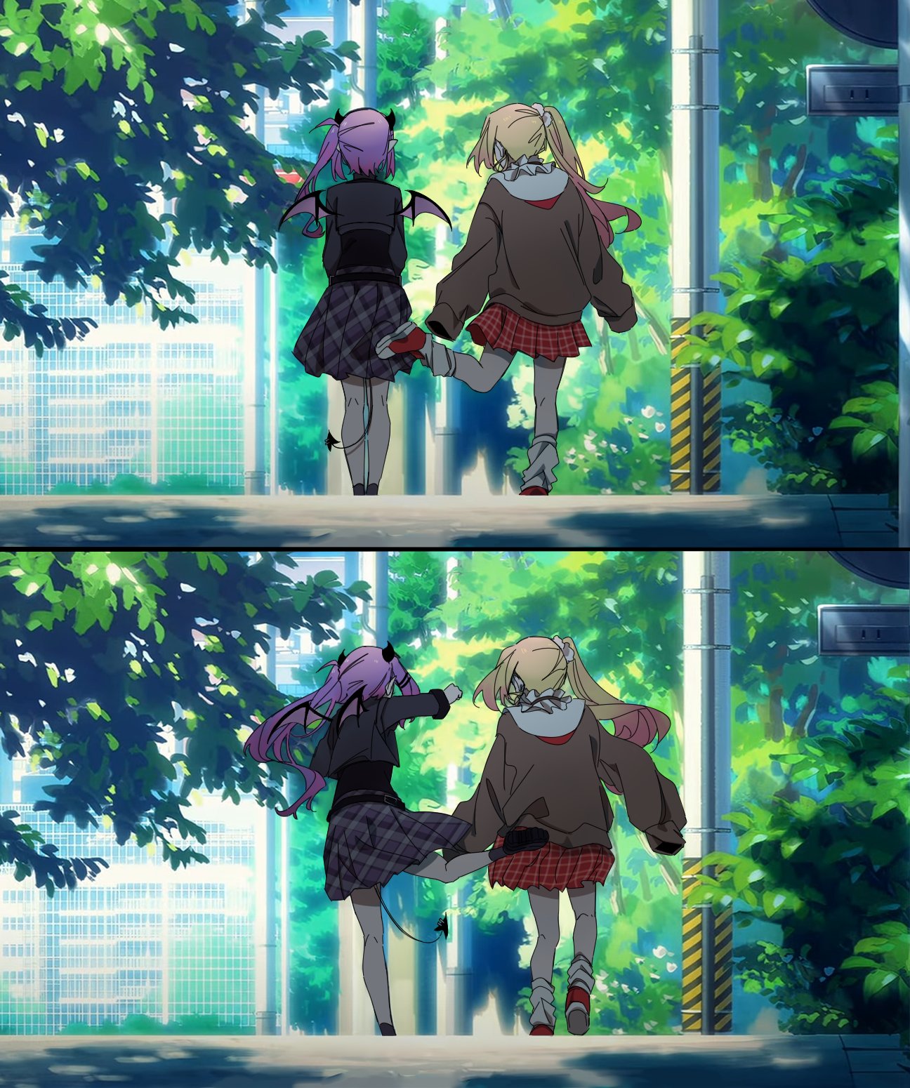 2girls, blonde_hair, demon_wings, from_behind, hair_ornament, highres, hololive, kicking