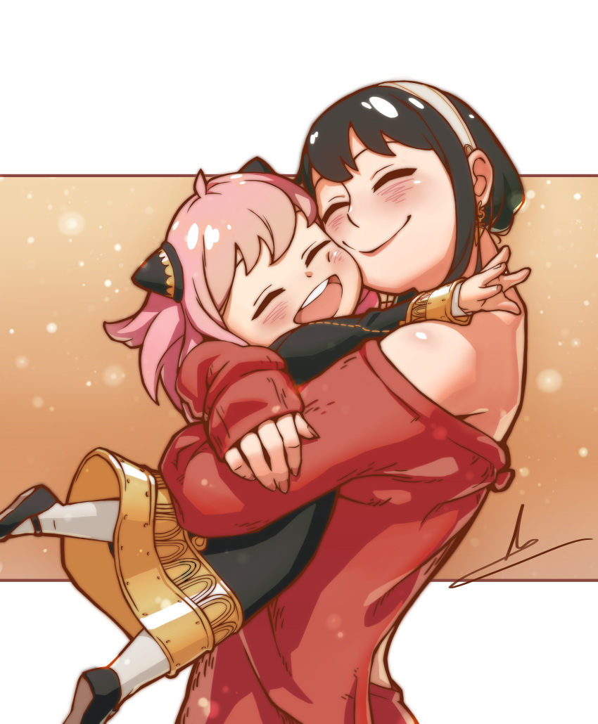 2girls, ^_^, absurdres, anya_(spy_x_family), bare_shoulders, black_dress, black_hair, blush, cheek-to-cheek, child, closed_eyes, cone_hair_bun, dress, eden_academy_uniform, english_commentary, female_child, fingernails, hair_bun, happy, heads_together, highres, hug, kenji_uz, lifting_person, mary_janes, mother_and_daughter, multiple_girls, off-shoulder_sweater, off_shoulder, pink_hair, red_sweater, shoes, short_hair_with_long_locks, smile, spy_x_family, sweater, teeth, upper_teeth, yor_briar