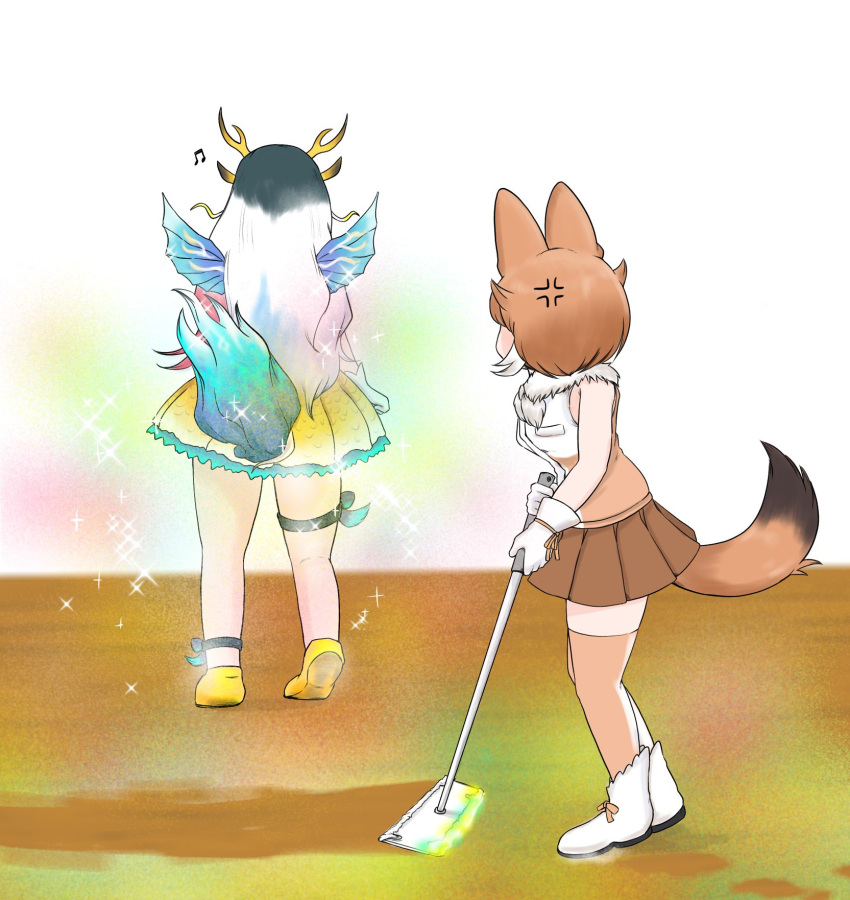 2girls, anger_vein, animal_ears, antlers, bare_shoulders, black_hair, boots, broom