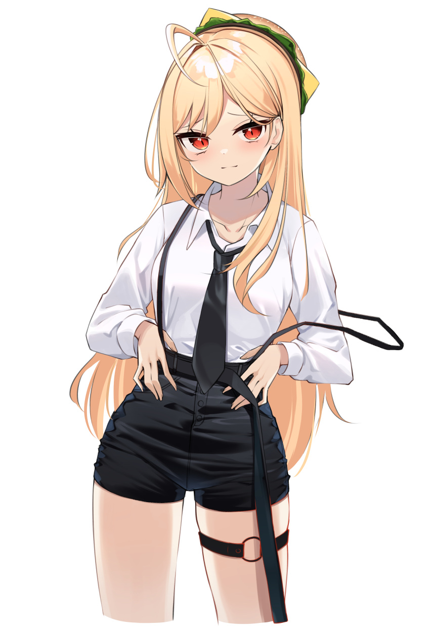 1girl, absurdres, ahoge, belt, black_shorts, blonde_hair, closed_mouth, collarbone