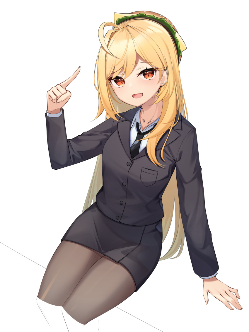 1girl, :d, absurdres, ahoge, black_jacket, black_skirt, blazer, blonde_hair