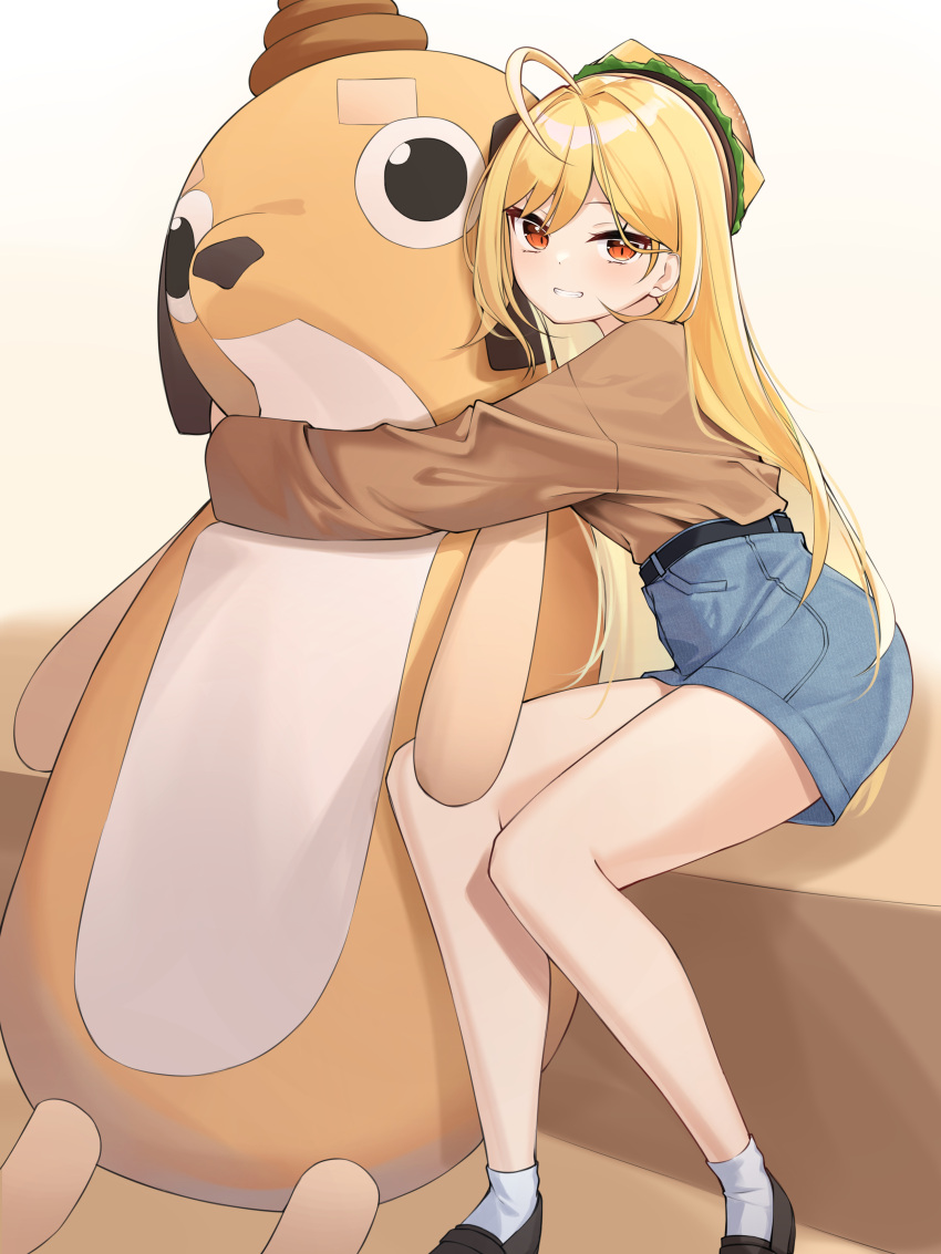 1girl, absurdres, ahoge, bare_legs, belt, blonde_hair, blue_skirt, brown_shirt