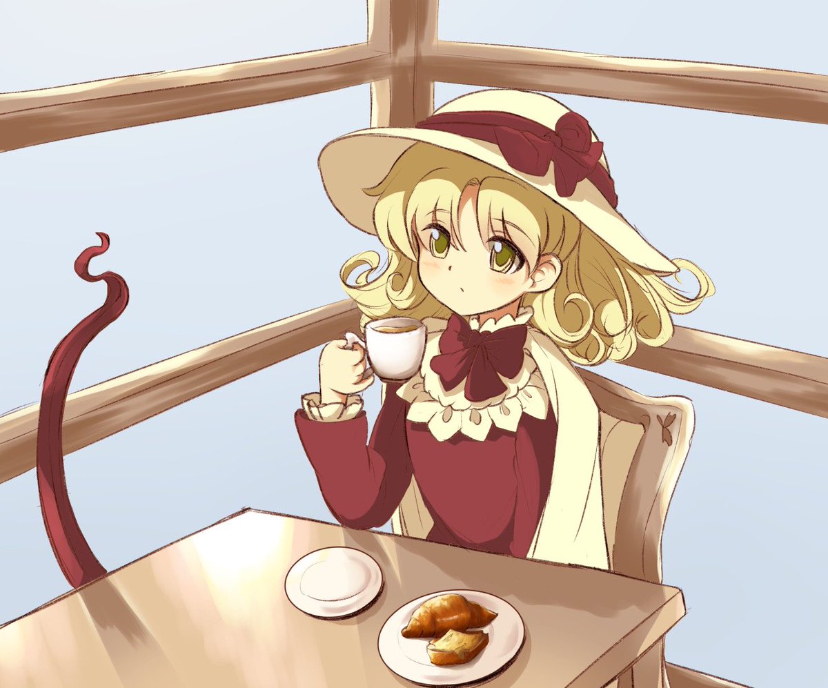 1980s_(style), bad_id, bad_twitter_id, blonde_hair, bow, bowtie, cloak, commentary_request, cookie, croissant, cup, curly_hair, dress, elly_(touhou), food, hat, holding, holding_cup, red_bow, red_bowtie, red_dress, retro_artstyle, sitting, sun_hat, takemoto_izumi_(style), touhou, touhou_(pc-98), white_cloak, white_headwear, yatyou, yellow_eyes