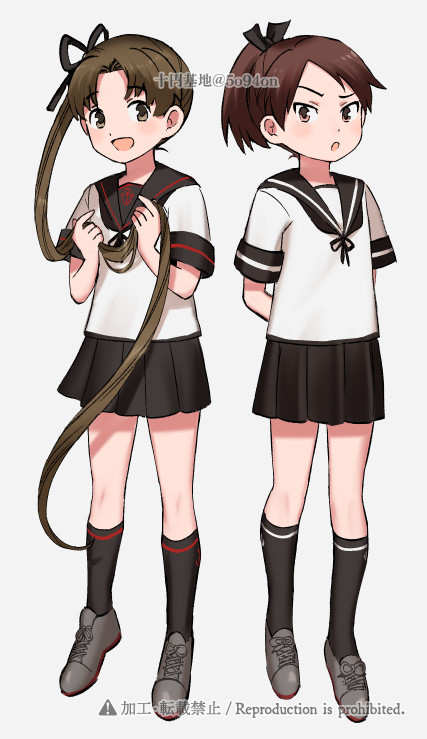 2girls, arms_behind_back, ayanami_(kancolle), ayanami_kai_ni_(kancolle), black_sailor_collar, black_skirt, black_socks, brown_hair