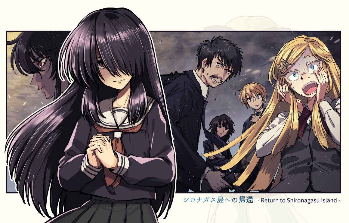 2boys, 3girls, akira_edgworth, alex_werner, bangs, black_hair, black_serafuku, black_skirt, blonde_hair, blue_eyes, brown_eyes, commentary_request, copyright_name, facial_hair, formal, gisele_reed, gun, hair_ornament, hair_over_one_eye, hairclip, handgun, hands_on_own_cheeks, hands_on_own_face, ikeda_sen, izumozaki_neneko, long_hair, long_sleeves, multiple_boys, multiple_girls, mustache, one_eye_covered, open_mouth, own_hands_clasped, own_hands_together, pleated_skirt, school_uniform, serafuku, shironagasu-tou_e_no_kikan, skirt, suit, sweat, sweating_profusely, urin, weapon