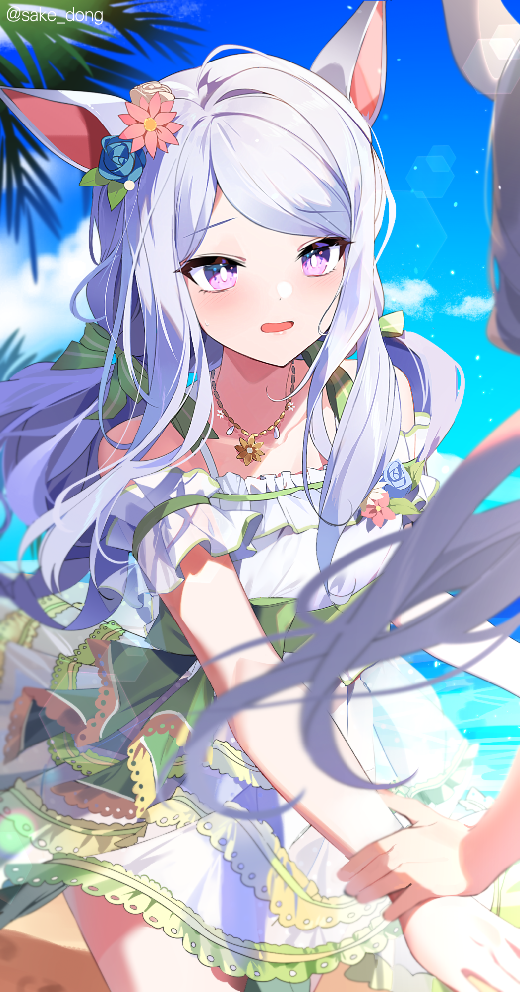 2girls, animal_ears, banned_artist, blue_sky, ear_ribbon, gold_ship_(umamusume), highres, holding_another's_wrist, horse_ears, horse_girl, horse_tail, long_hair, mejiro_mcqueen_(ripple_fairlady)_(umamusume), mejiro_mcqueen_(umamusume), multiple_girls, official_alternate_costume, out_of_frame, pink_eyes, sake_dong, sky, smile, summer, super_smashing_summer_vacation_(umamusume), swimsuit, tail, umamusume, white_hair