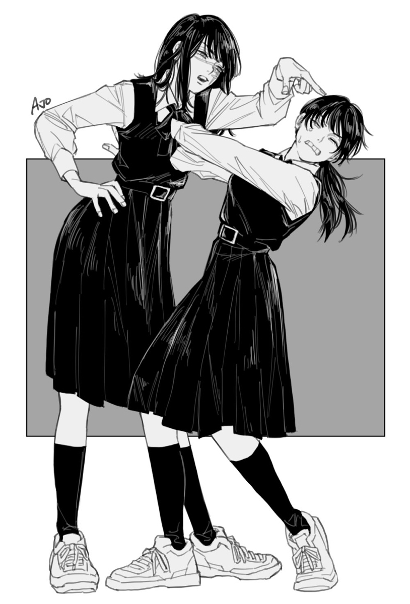 2girls, ajo_cnsw, artist_name, black_hair, chainsaw_man, clenched_teeth, closed_eyes, collared_shirt