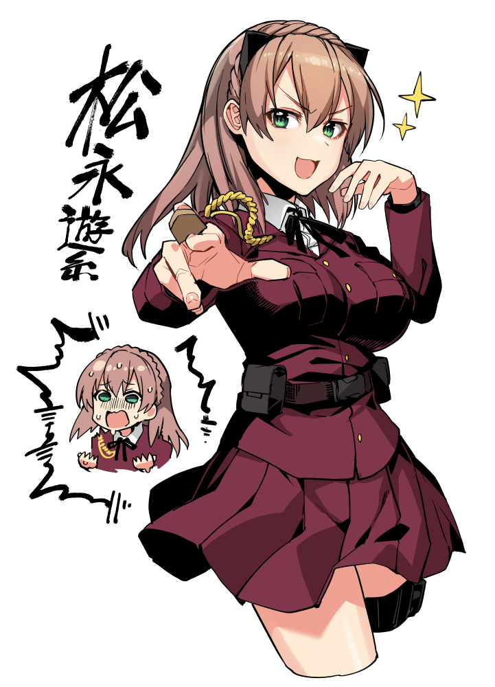 1girl, :d, ^^^, aiguillette, animal_ears, assault_lily, bangs, belt, belt_pouch, black_ribbon, black_thighhighs, braid, breast_pocket, breasts, brown_hair, buttons, cat_ears, character_name, chibi, collared_shirt, cowboy_shot, cropped_legs, cropped_torso, crown_braid, fake_animal_ears, fingernails, foreshortening, green_eyes, hair_between_eyes, hands_up, high_belt, holding, jacket, large_breasts, long_hair, long_sleeves, looking_at_viewer, matsunaga_yui, miniskirt, multiple_views, neck_ribbon, no_pupils, open_mouth, outstretched_arm, pleated_skirt, pocket, pouch, red_jacket, red_skirt, ribbon, school_uniform, shirt, shogi_piece, simple_background, single_thighhigh, skirt, smile, smug, snap-fit_buckle, sparkle, standing, sweat, thigh-highs, translated, tsukinami_kousuke, turn_pale, v-shaped_eyebrows, wavy_mouth, white_background, white_shirt