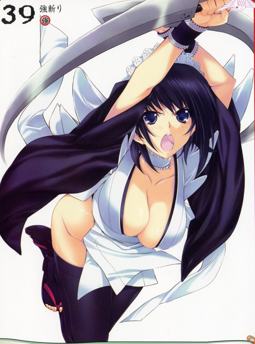 artbook, black_hair, blue_eyes, breasts, cleavage, hair_ornament, highres, iizuki_tasuku