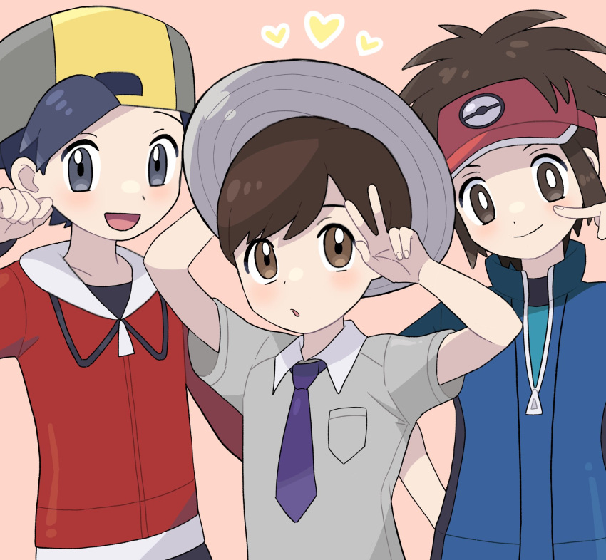 3boys, backwards_hat, bangs, black_hair, black_shirt, blue_jacket, brown_eyes, brown_hair