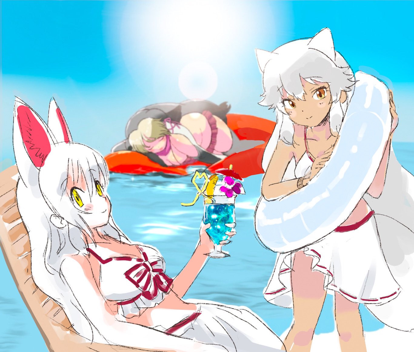 3girls, alternate_costume, animal_ears, arctic_fox_(kemono_friends), beach, beach_chair, bikini, blonde_hair