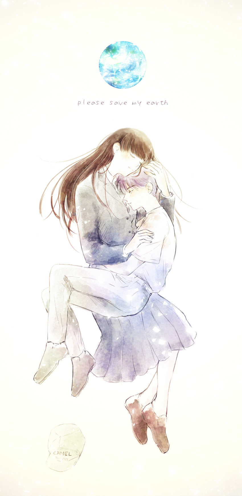 1boy, 1girl, absurdres, bangs, baseball_cap, boku_no_chikyuu_o_mamotte, brown_hair, closed_eyes