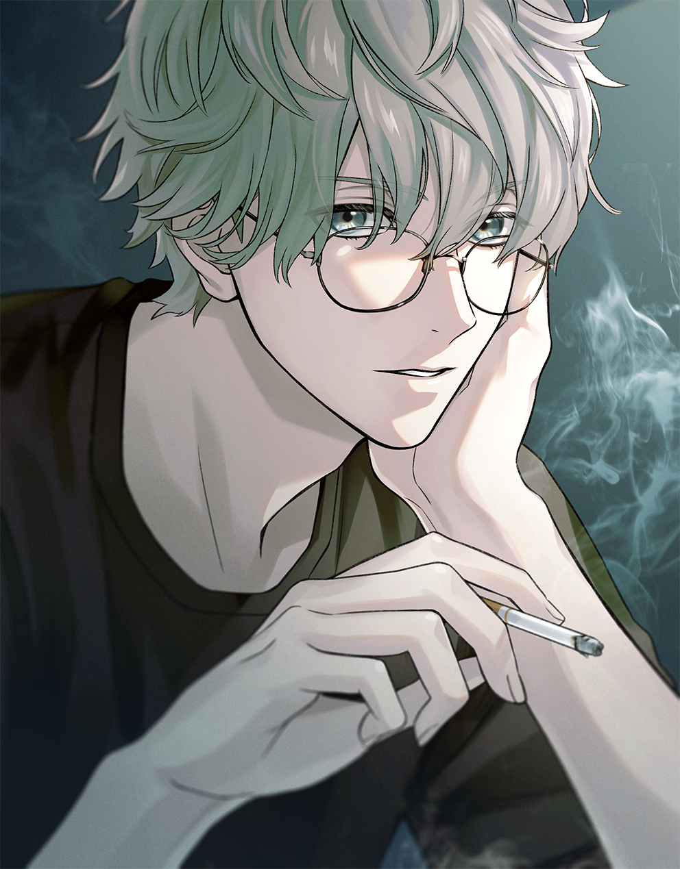 1boy, black_shirt, cigarette, glasses, grey_background, grey_eyes, hair_between_eyes, hand_on_own_cheek, hand_on_own_face, hand_up, highres, holding, holding_cigarette, looking_at_viewer, male_focus, original, shiraho_(m_shiraho), shirt, short_hair, smoking, solo, tobacco